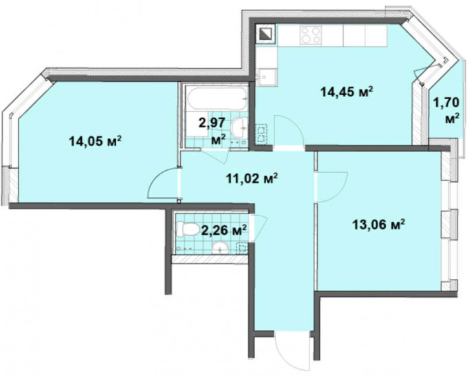Двухкомнатная квартира 57.81 м²